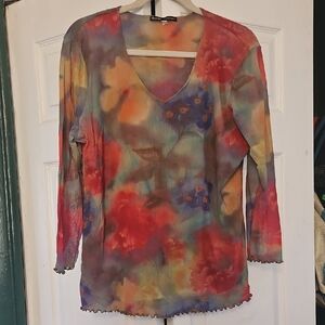 Vibrant Watercolor Floral V-Neck Long Sleeve Top - Multicolor